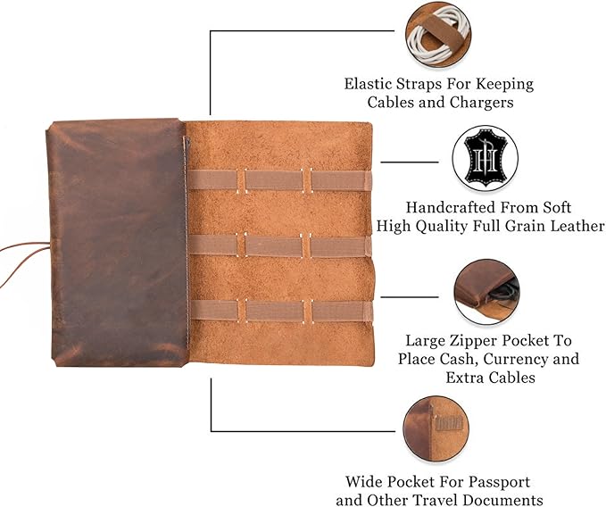 HARDISTON Custom Genuine Leather Electronic Cable Organizer Bag Handmade Travel Cord Organizer Roll Case for Hard Drives, Cables, Charger, Phone, USB, SD Card (Large - Brown)