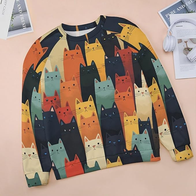 Fall Sweaters for Women 2024 Cat Print Long Sleeve Casual Crewneck Warm Fall Pullover Comfy Fashion Sweatshirts