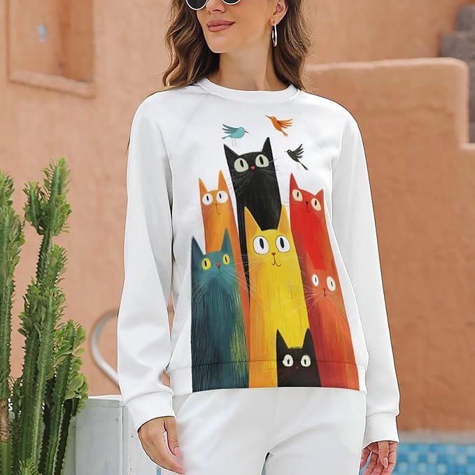 Fall Sweaters for Women 2024 Cat Print Long Sleeve Casual Crewneck Warm Fall Pullover Comfy Fashion Sweatshirts