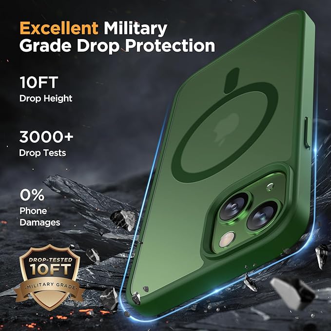 Miracase Magnetic for iPhone 15 Case (Compatible with MagSafe)（with 2X Screen Protectors） Military-Grade Protection, Anti-Fingerprint Translucent Matte Phone Cover for iPhone 15 6.1 inch, Dark Green