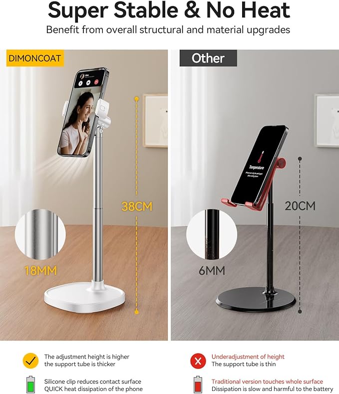 DIMONCOAT Adjustable Aluminum Alloy Cell Phone Stand - White, Universal Compatibility with 4-7 inch Devices, 180° Flip & 360° Rotation