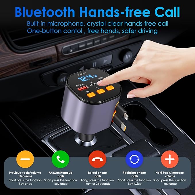 Retractable Car Charger,5 in 1 Fast Cars Phone Charger 90W,Bluetooth 5.3 FM Transmitter Adapter,Handsfree Call,2 Retractable Cables and USB Chargers for iPhone17/ 16/15/14/13/Samsung
