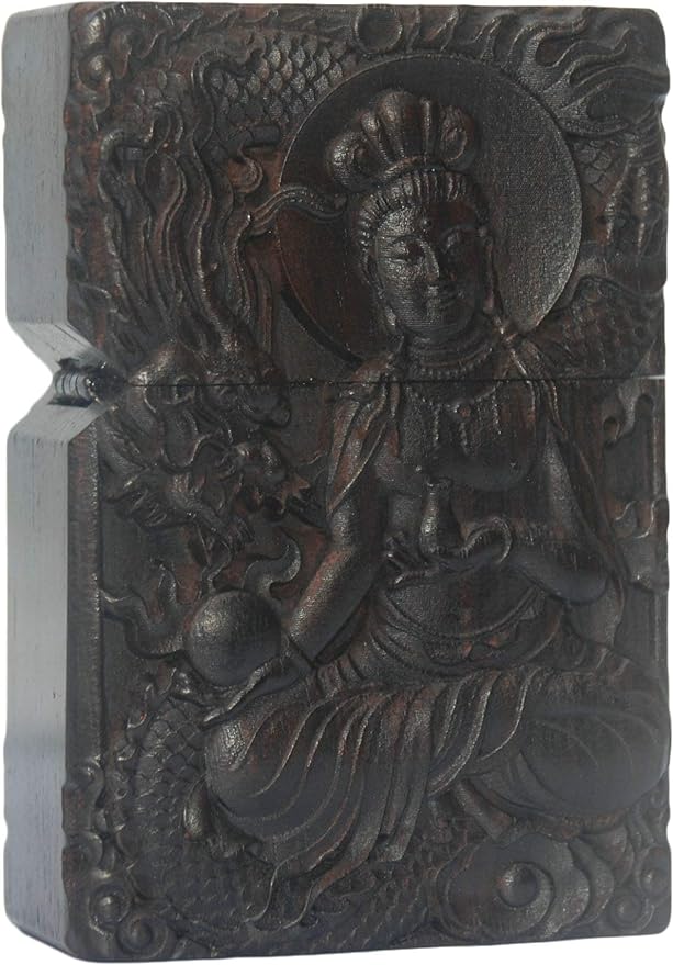 Natural Ebony Black Wood Carved Lighter Shell Box For Zippo Module (Kwan Yin Goddess Dragon)