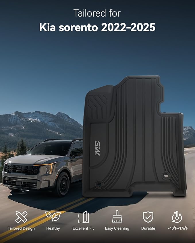 3W Floor Mats for Kia Sorento Hybrid 2025 2024 2023 2022 2021 (Only PHEV&Hybrid) All Weather Protection TPE Anti-Slip Automotive Full Set Floor Liners Custom Accessories - Black