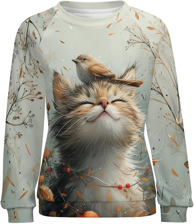 Sweatshirt for Women Cat Print Fashion Funny Plus Size Ladies Dressy Crewneck Casual Trendy Tee Shirts