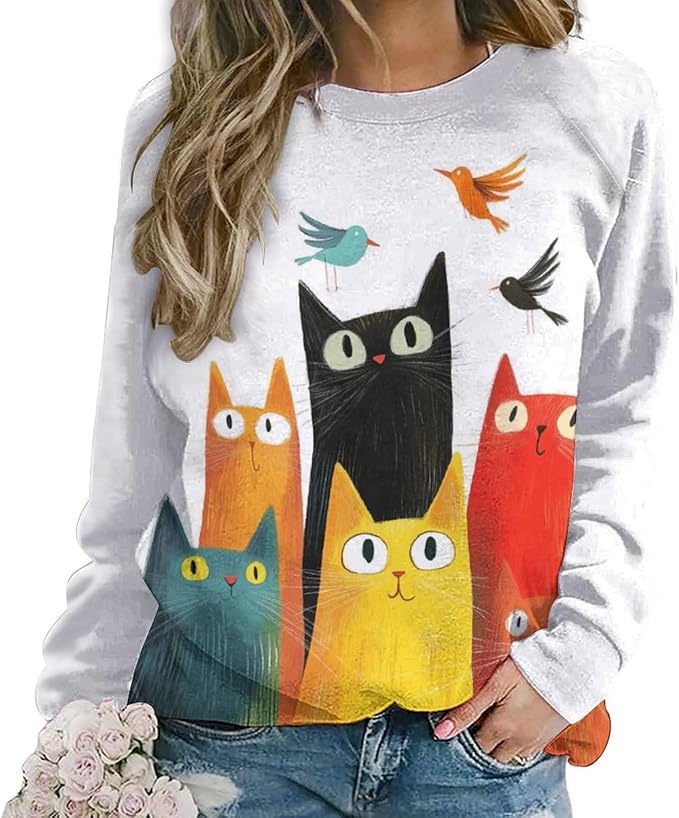 Fall Sweaters for Women 2024 Cat Print Long Sleeve Casual Crewneck Warm Fall Pullover Comfy Fashion Sweatshirts