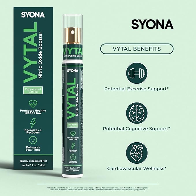 SYONA - VYTAL - Boosting Spray - Cardiovascular and Cognitive - Peppermint and Vanilla Flavor - B12, B3, L-Arginine - 14ml Pump Bottle
