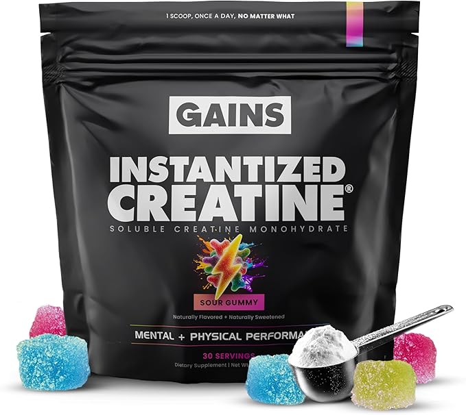 Gains in Bulk Instantized Creatine Monohydrate for Women and Men, Soluble Pre Workout Powder, Supports Muscle Building, Strength and Performance, Bodybuilding Supplements, Sour Gummy, 30 Servings