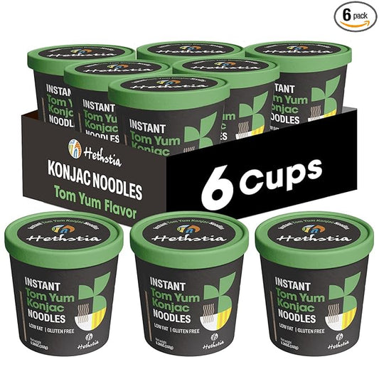 Hethstia Shirataki Noodle Tom Yum Soup Cups- 6-Pack Konjac Angel Hair Pasta, Low Carb, Ready-to-Eat Tom Yum Noodle Broth, Low GI, Healthy Asian Ramen, Keto-Friendly, Holiday Food Gift