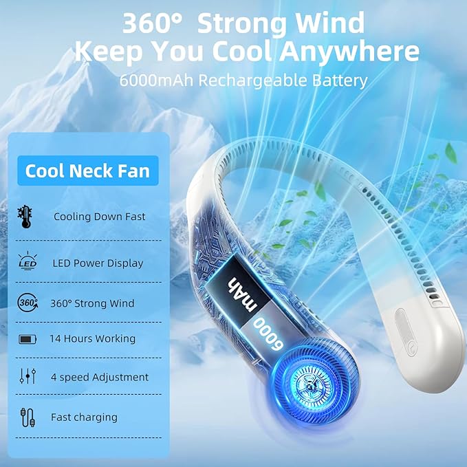 Portable Neck Fan,Hands Free Personal Wearable Bladeless Fan,6000mAh USB Rechargeable,360° Cooling,LED Display,4-Speeds,Birthday Gifts for Men Women Dad Mom,Christmas Gifts (Light grey)