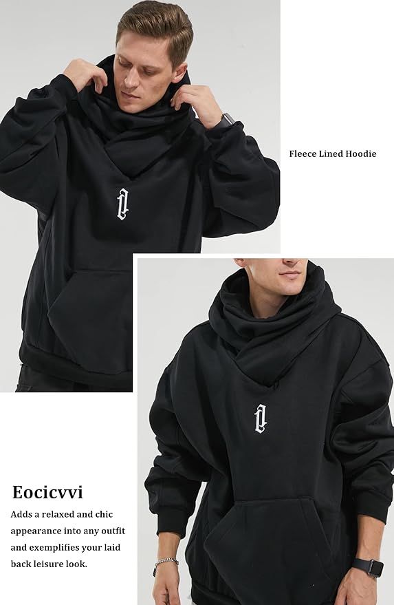 Fleece Hoodies for Men Cowl Neck Sweatshirts Hood with neck Gaiter Casual Pullover Fall Winter with Embroidery