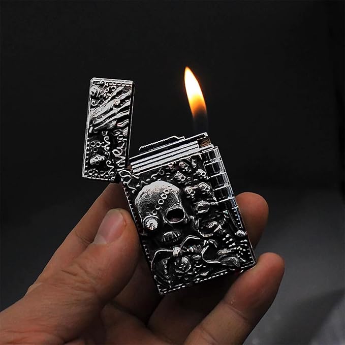 KAIEOMGN Carving Skull Antique Lighter, Vintage Cool Metal Lighters Refillable, Novelty Lighters for Men for Candles Ideas (No Butane Fuel). (Gold)