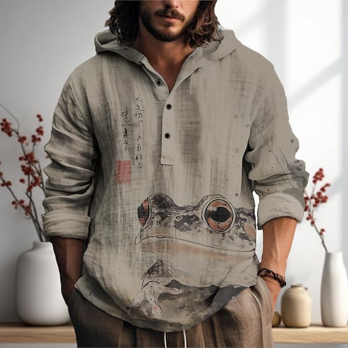 MARSVOVO Mens Japanese Art Long Sleeve Hooded Shirts Lightweight Quarter Button Hoodie Casual Cool Tops for Spring Fall
