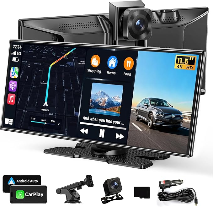 Largest 11.5"Wireless Apple CarPlay Screen for Car–Portable Carplay & Android Auto Touchscreen Car Stereo with App Control, 4K Dash Cam, Backup Camera, GPS, Mirror Link, Voice Control,for All Vehicles