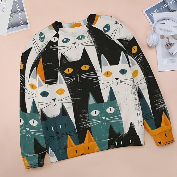Fall Sweaters for Women 2024 Cat Print Long Sleeve Casual Crewneck Warm Fall Pullover Comfy Fashion Sweatshirts
