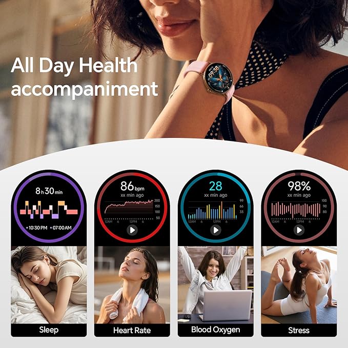 Smart Watches for Women,1.27" HD Fitness Tracker Answer/Make Call, Heart Rate/Sleep/SpO2，Round Smart Watch for iPhone/Samsung/Android,IP68 Waterproof，110+ Sport Mode-Pink(2 Bands)