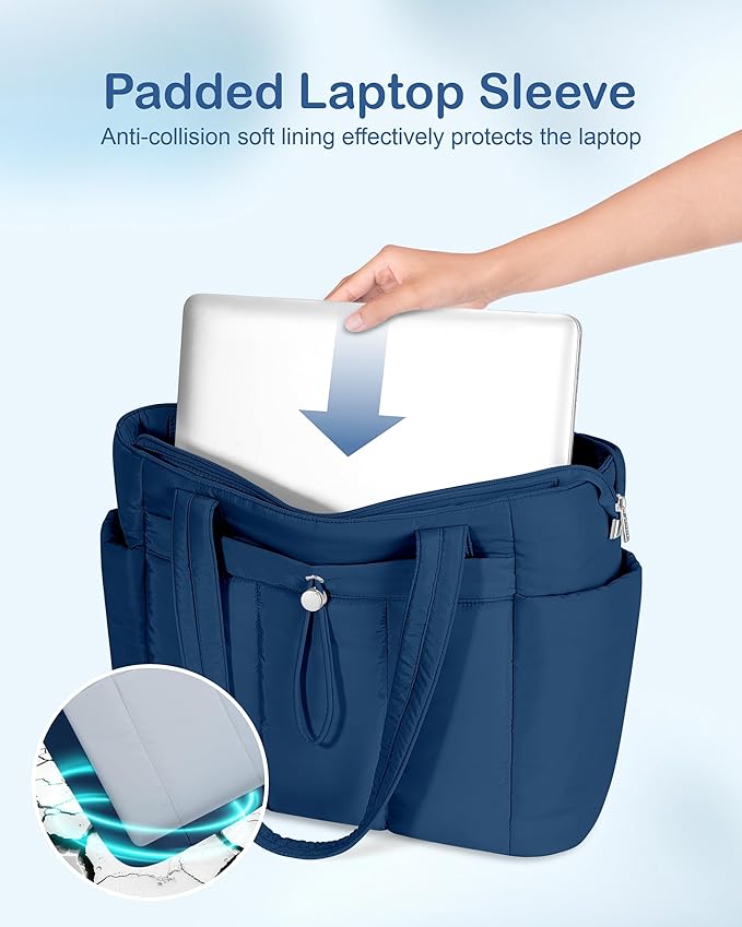 TOPDesign Puffy Tote Bag for Women with Cup Holder & Laptop Compartment & Cosmetic Bag & Trolley Sleeve for Work, Travel