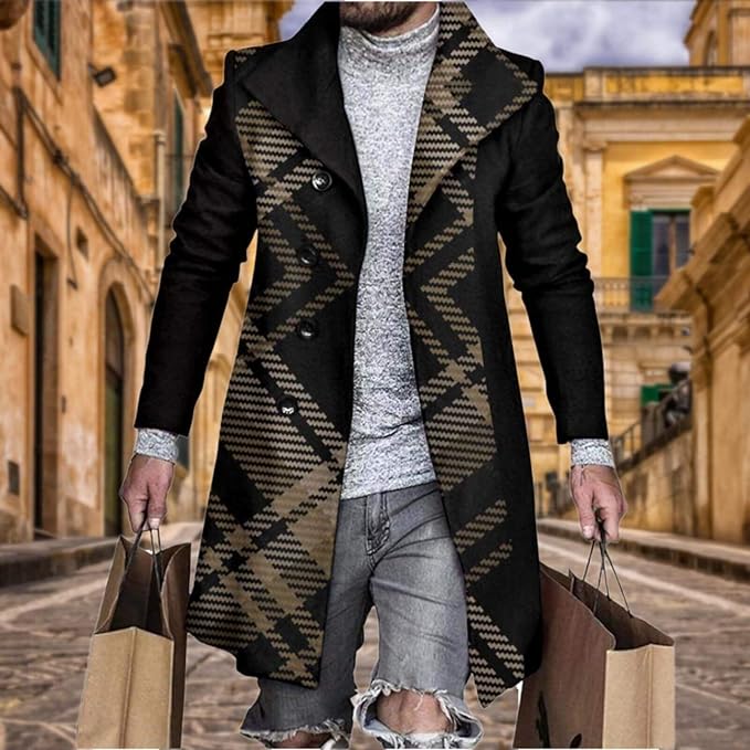 Men's Plaid Long Trench Coat Mid - Length Lapel Collar Button Down Warm Overcoat for Winter & Autumn Fashion