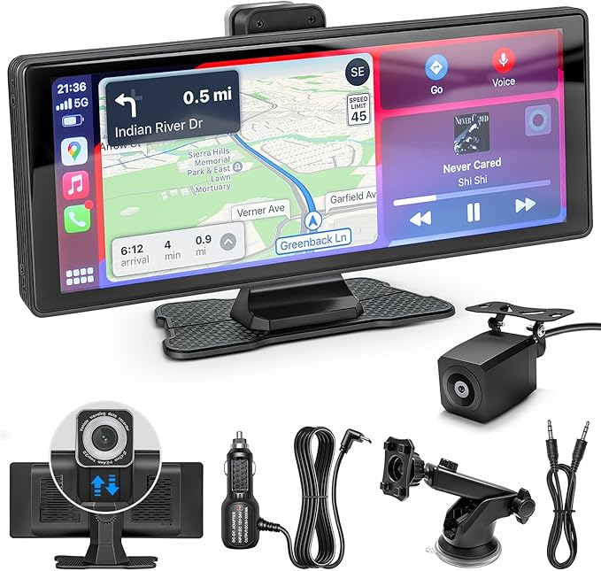 Wireless Carplay Screen for Car 10.26" Portable Touchscreen Car Stereo for Apple Carplay & Android Auto with 4K 360 Rotation Dash Cam & 1080P Backup Camera, Mirror Link, Siri, GPS Navigation, FM