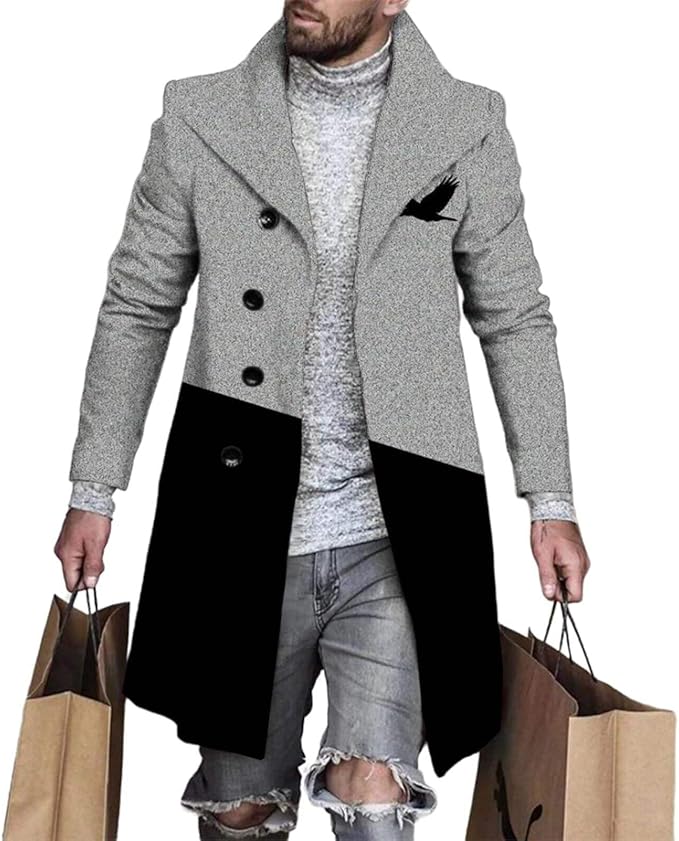 Men's Plaid Long Trench Coat Mid - Length Lapel Collar Button Down Warm Overcoat for Winter & Autumn Fashion