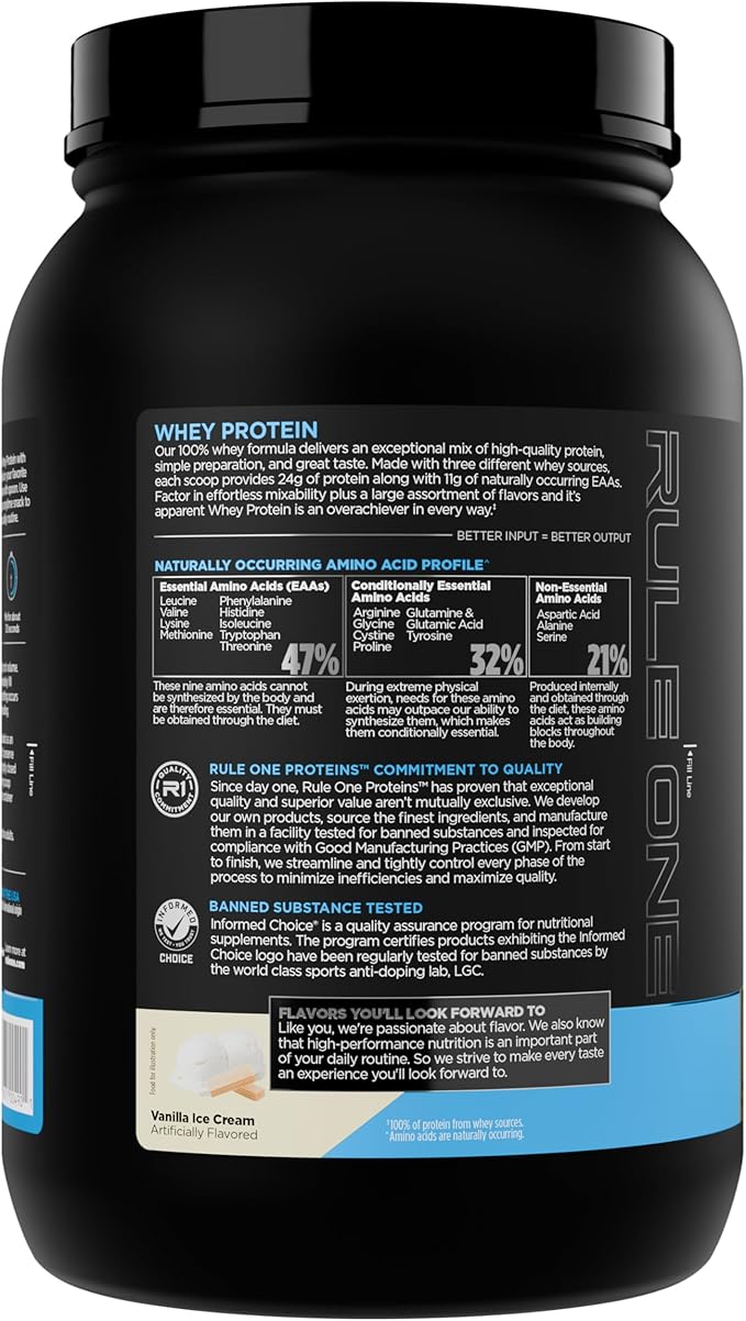 Rule 1 Whey Protein – 24g Fast-Acting Protein from All-Whey Sources with Naturally Occurring EAAs & BCAAs for Workout Recovery or Anytime Use (2 Pounds*, Vanilla Ice Cream)