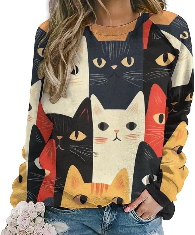 Fall Sweaters for Women 2024 Cat Print Long Sleeve Casual Crewneck Warm Fall Pullover Comfy Fashion Sweatshirts