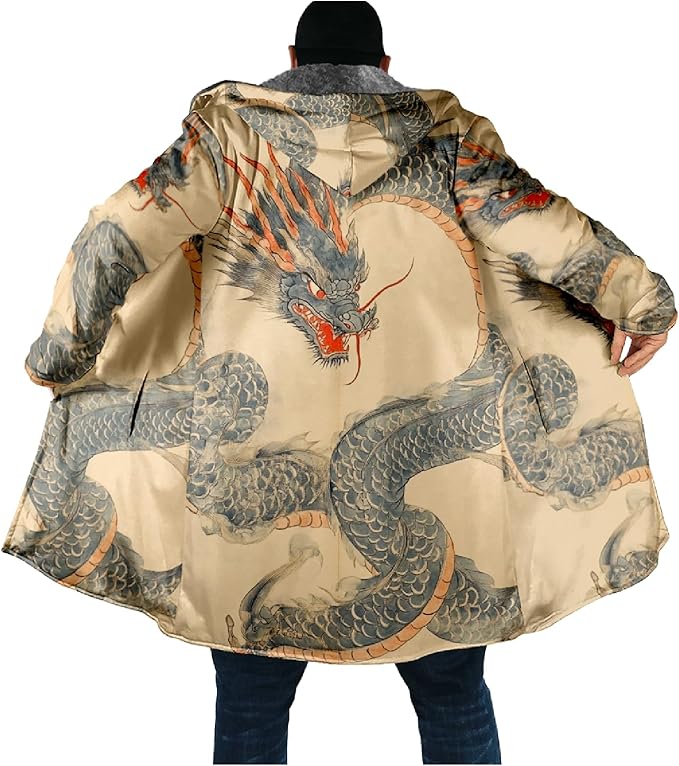 Mens Hooded Cardigan Japanese Art Zip Up Long Sleeve Sweater Hoodie Dragon Print Coat with Pockets