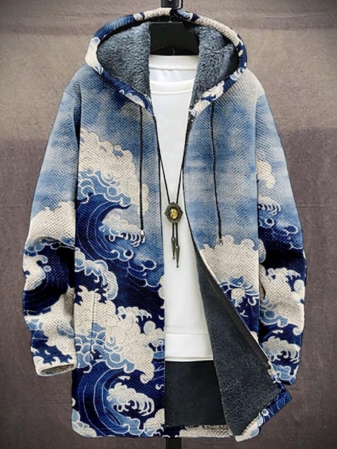2025 Men's Ethnic Pattern Hooded Jacket Long Cardigan Hoodies Full Zip Vintage Knitted Zipper Coat with Pocket