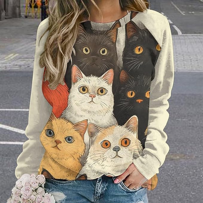 Long Sleeve Shirt Women Fall Cat Print Funny Hide Belly Vacation Plus Size Ladies Hippie Dressy Sweaters