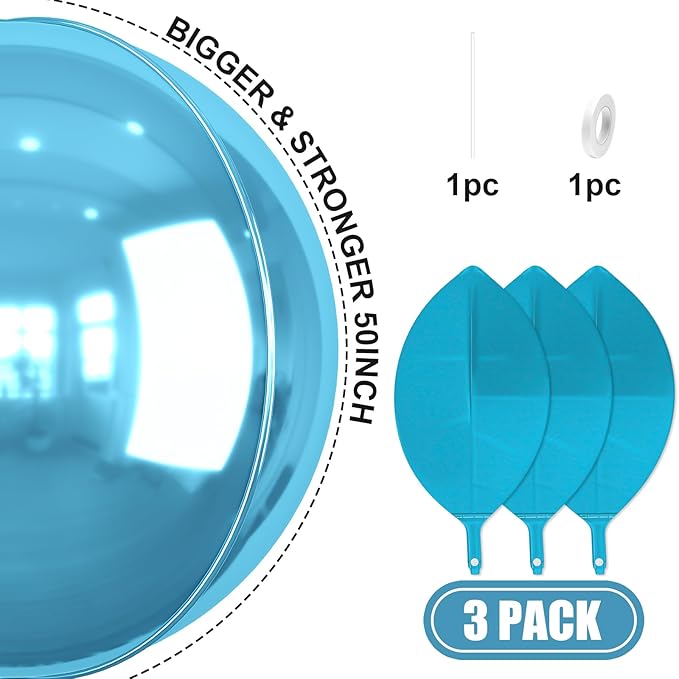 50 Inch Giant Light Blue Round Foil Balloons, 3Pcs Metallic Blue 4D Ball Balloons for Birthday New Year Eve Wedding Engagement Graduation Anniversary Party Decorations 2026