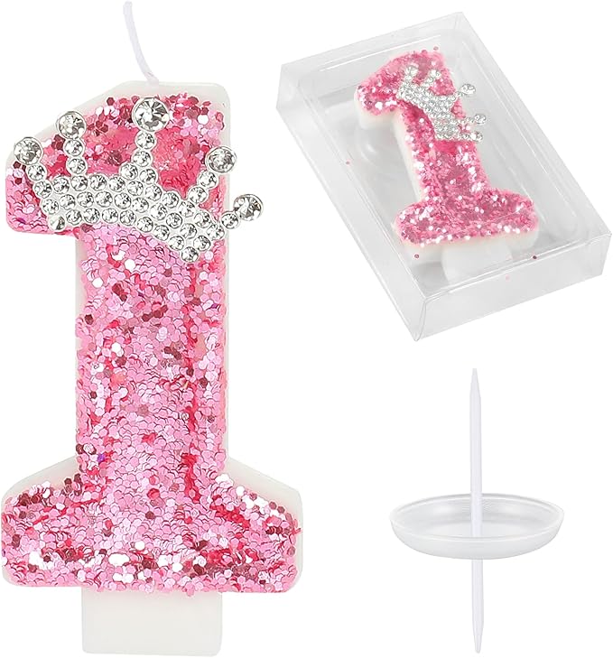 Birthday Number Candles,Pink Crown Birthday Candles for Cake,Glitter Number 1 Candle Cake Topper with Sequins for Girls,Women, Anniversary Celebrations Supplies (Pink 1)