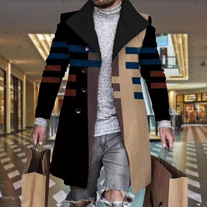 Men's Plaid Long Trench Coat Mid - Length Lapel Collar Button Down Warm Overcoat for Winter & Autumn Fashion