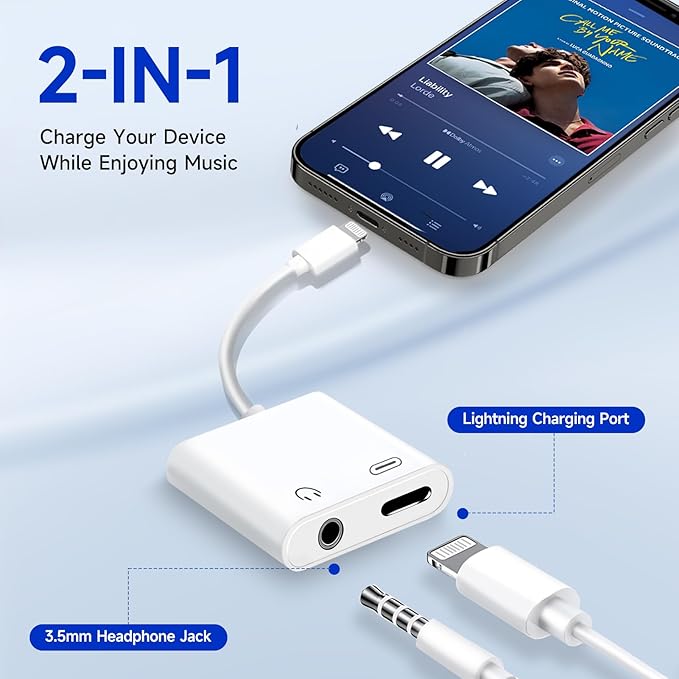 [Apple MFi Certified] 2-in-1 Charging & Audio Adapter for iPhone, Lightning to 3.5mm Headphone Jack Dongle Splitter, Supports Hi-Res Lossless Sound, Compatible with iPhone 14/13/12/11/XS/XR/8/7 2Pack