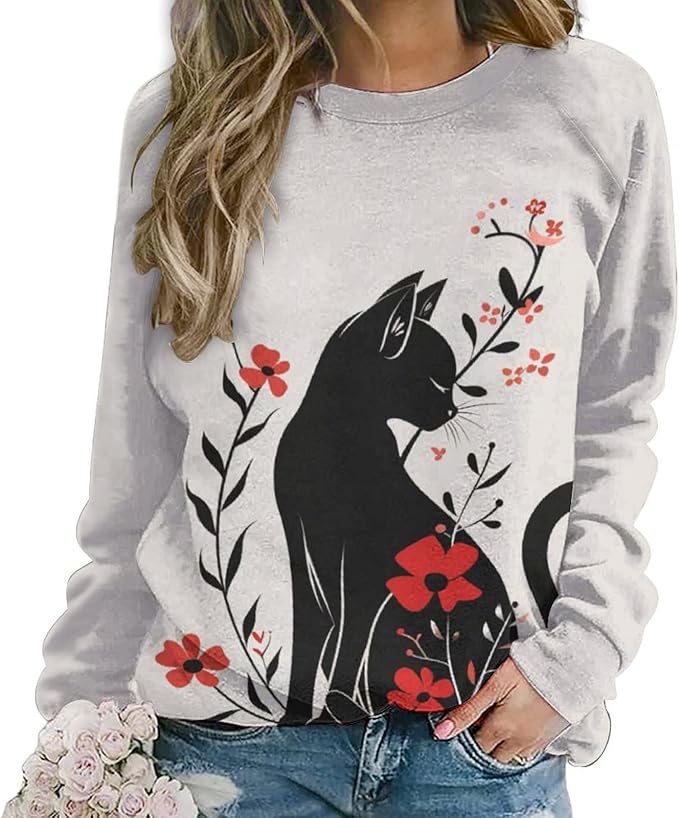 Sweatshirt for Women Cat Print Fashion Funny Plus Size Ladies Dressy Crewneck Casual Trendy Tee Shirts