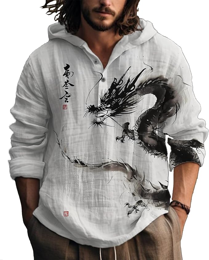 MARSVOVO Hooded Long Sleeve Shirt Men Fashion Graphic Button Up Lightweight Big and Tall Casual Vacation Shirts for Men