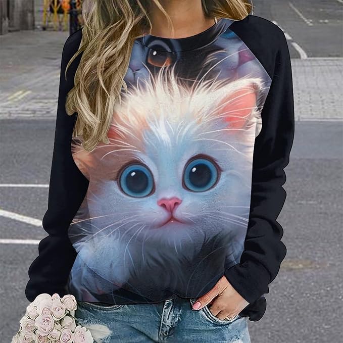 Long Sleeve Shirt Women Fall Cat Print Funny Hide Belly Vacation Plus Size Ladies Hippie Dressy Sweaters