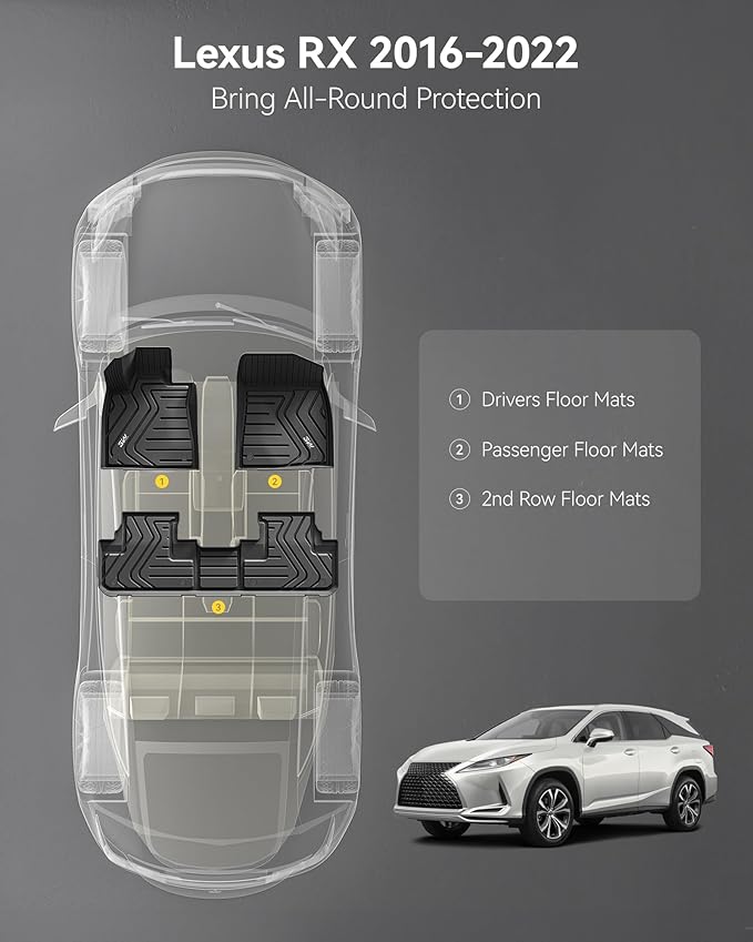 3W Floor Mats Compatible for 2016-2022 Lexus RX (RX350/RX450h) / 2018-2022 RXL (RX350L/450hL) TPE All Weather Custom Fit Floor Liner, 1st & 2nd Row Full Set Car Mats, Black