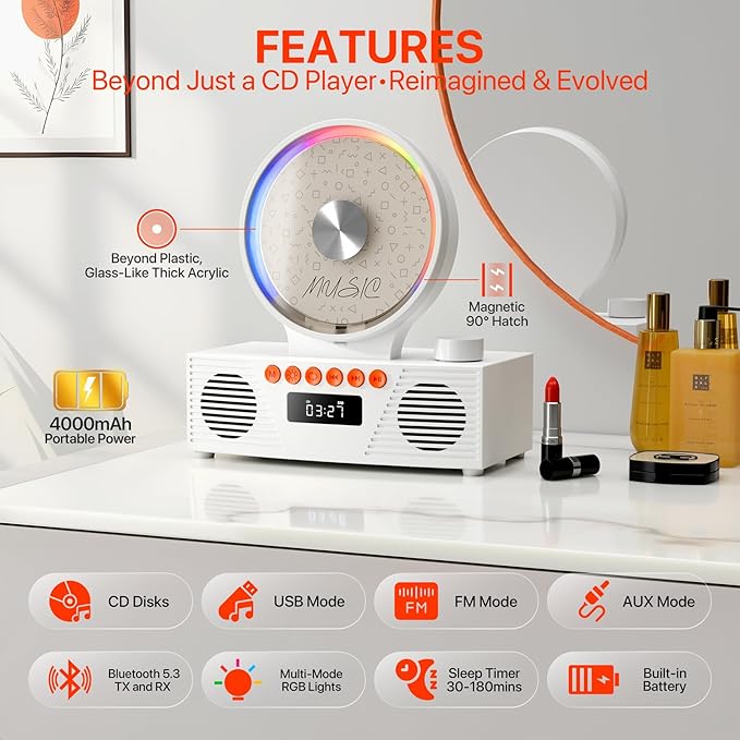 Retro Portable CD Player for Home Decor, CD Player with Speakers, Bluetooth/Battery/Remote, Desktop Vintage CD Players for Kids to Seniors, Combo with Radio/USB Driver/Stereo Sound/AUX/Timer(New 2026)