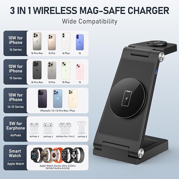 Magnetic Wireless Charger Stand, 3 in 1 Foldable Wireless Charging Station with 20W Adapter, Travel Charger for Multiple Devices for iPhone 17 16 15 14 13 12 Pro/Max/Plus/Mini, iWatch, AirPods