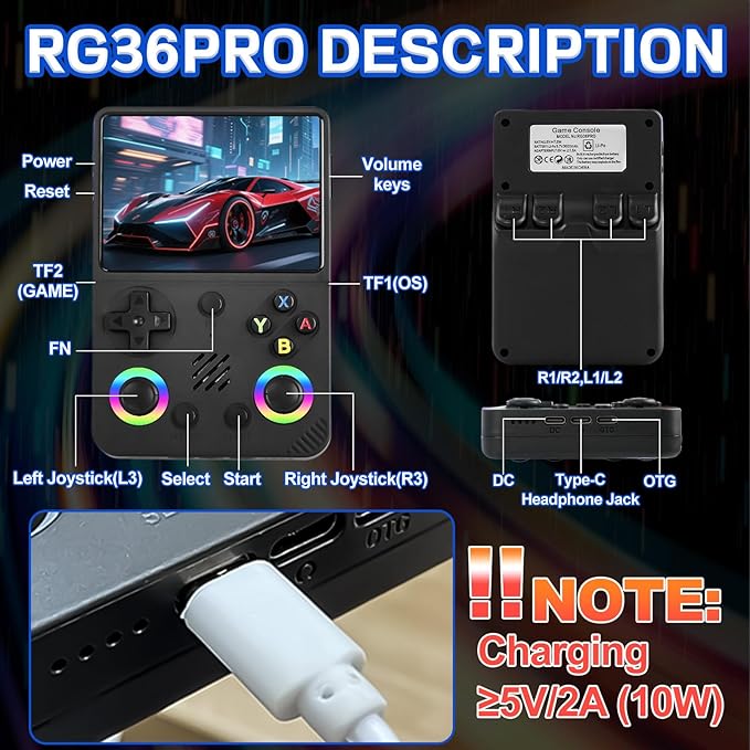 RG36PRO Retro Video Game Console - Open Source System,3.5" IPS Screen,64G TF Card,3000mAh Battery,Support 30,000+ Classic Retro Video Games for Teen or Partner - Gift for Christmas - Black