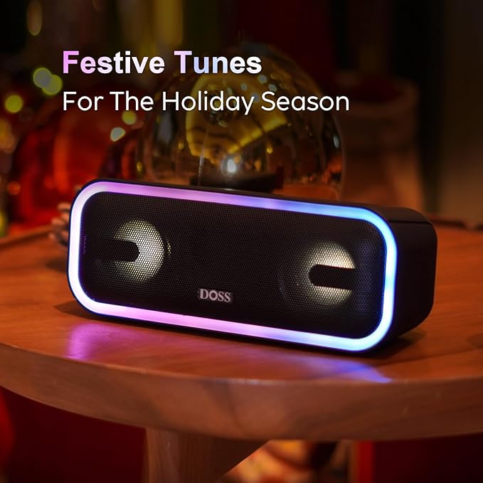 DOSS SoundBox Pro+ Bluetooth Speaker, Immersive 24W Stereo Sound with Booming Bass, IPX6 Waterproof, 15H Playtime, Mixed Colors Lights, Wireless for Backyard, Hiking, Garage, Party-Green