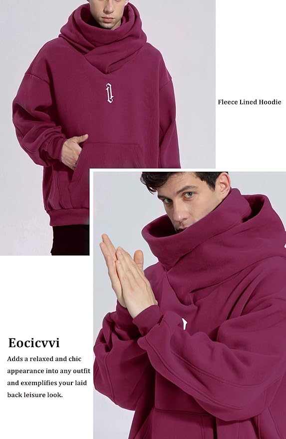 Fleece Hoodies for Men Cowl Neck Sweatshirts Hood with neck Gaiter Casual Pullover Fall Winter with Embroidery