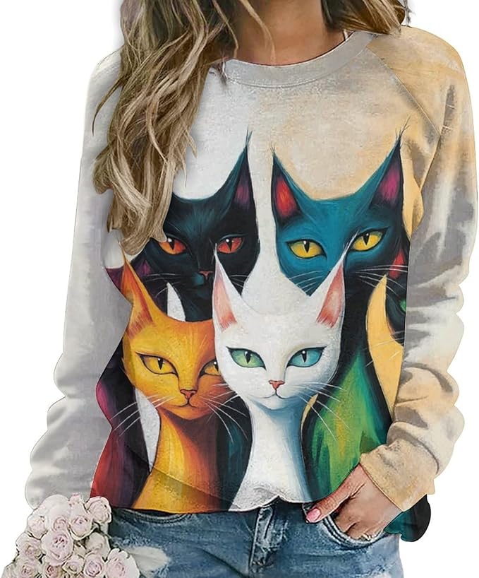 Fall Sweaters for Women 2024 Cat Print Long Sleeve Casual Crewneck Warm Fall Pullover Comfy Fashion Sweatshirts