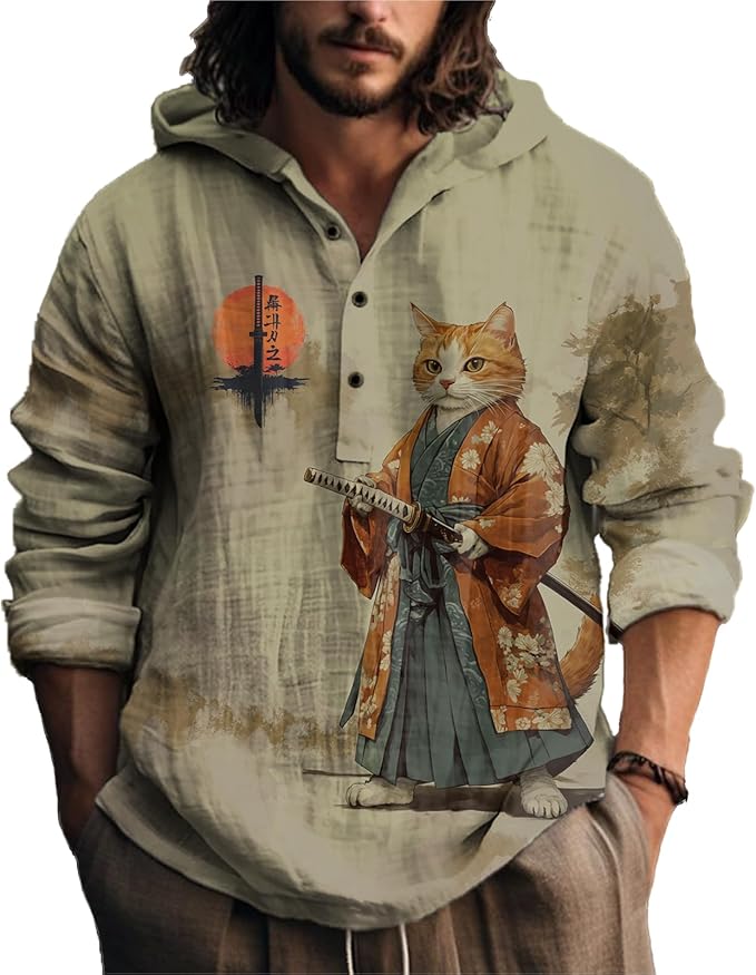 MARSVOVO Mens Japanese Art Long Sleeve Hooded Shirts Lightweight Quarter Button Hoodie Casual Cool Tops for Spring Fall