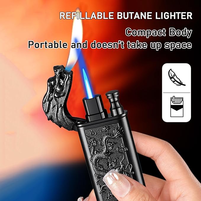 Torch Lighter, Relief Wolf Design Magic Dual Flame Lighter with Adjusting FlameTool, Cool Windproof Jet Lighters, Refillable Butane Lighters for Mens Outdoor Indoor(Without Butane)-Black Wolf