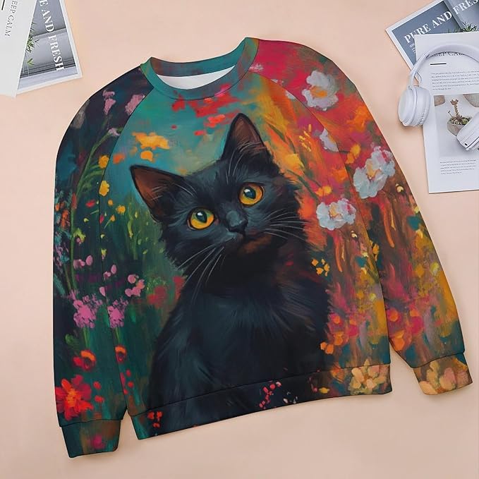 Sweatshirt for Women Cat Print Fashion Funny Plus Size Ladies Dressy Crewneck Casual Trendy Tee Shirts