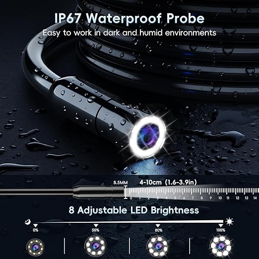 Industrial Endoscope Borescope Camera with Light, 4.3'' HD Digital Handheld Waterproof Sewer Tools Snake Inspection Camera with 8 LED Lights 32.8FT Semi-Rigid Cable, Cool Gift Gadgets for Men