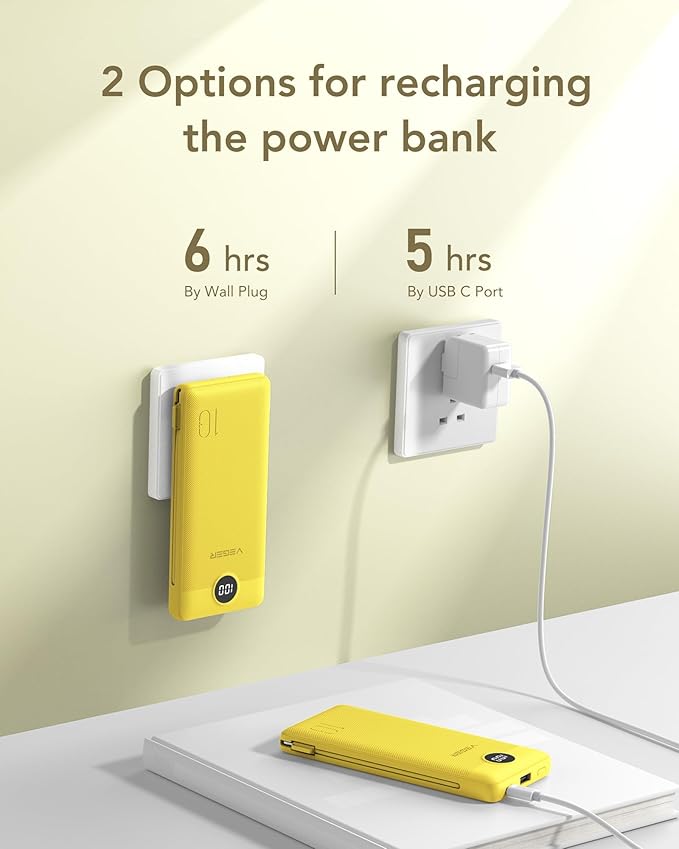 VEGER Portable Charger with Built-in AC Plug and Cables, All in One 10000mAh Ultra Slim Power Bank Travel Essentials, 15W Fast Charging Battery Pack Compatible with iPhone, Samsung, Android (Yellow)
