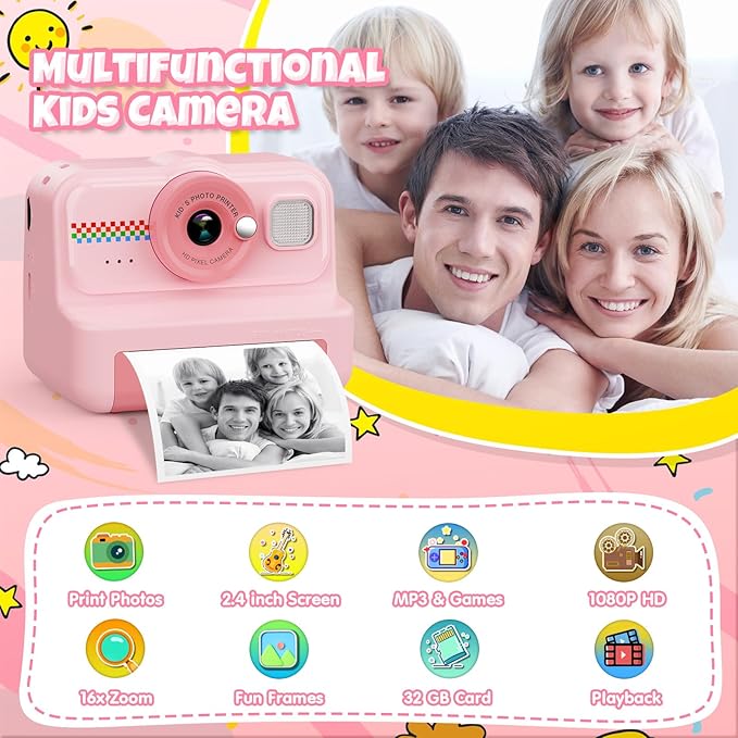 Kids Camera Instant Print, 1080P HD Instant Print Camera for Kids with 3 Rolls Print Paper & 32GB Card, Selfie Digital Camera for Kid, Ideal Kid Toys Gifts for Boys & Girls Age 3-14 (Pink)