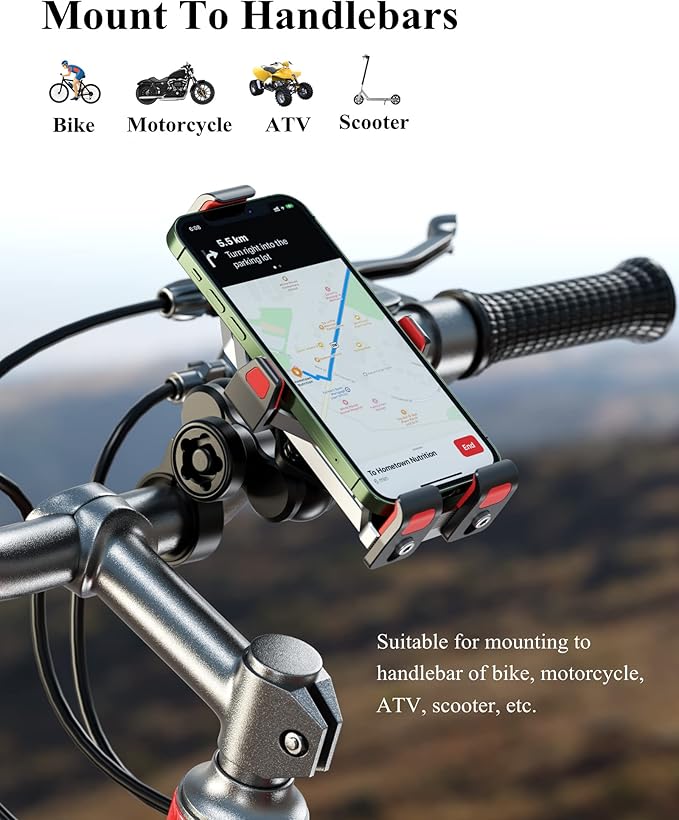 BRCOVAN Anti-Theft Aluminum Alloy Motorcycle Phone Mount with Vibration Dampener & Secure Lock, Adjustable Motorcycle Handlebar Cellphone Holder for Bike Bicycle Scooter ATV, Fit 4.7-7.2'' Smartphone